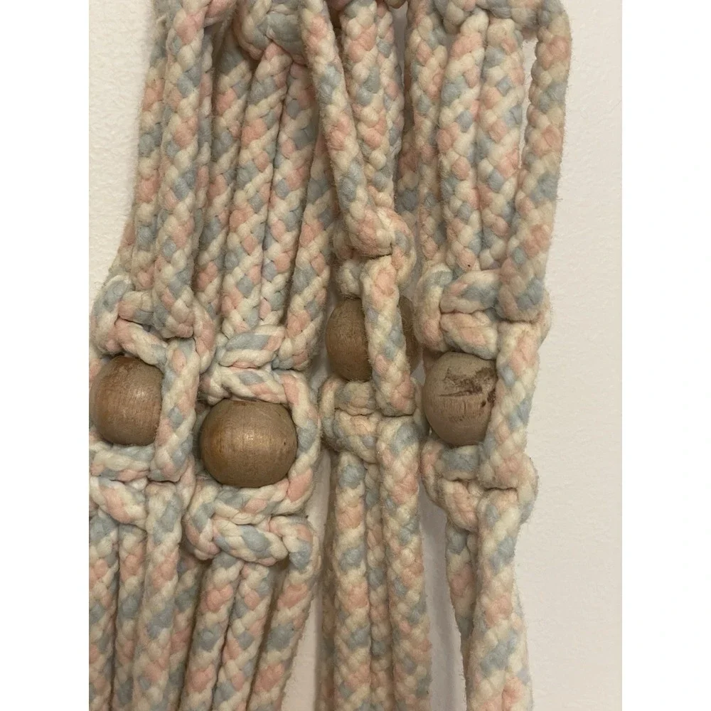 Vintage Macrame Braided Rope Plant Hanger Wooden‎ Beads Boho Hippie Blue Pink